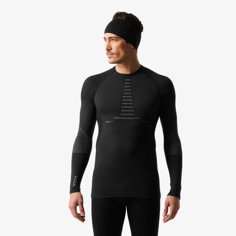 WEDZE Men’s breathable wool thermal ski base layer top, BL900 - Black