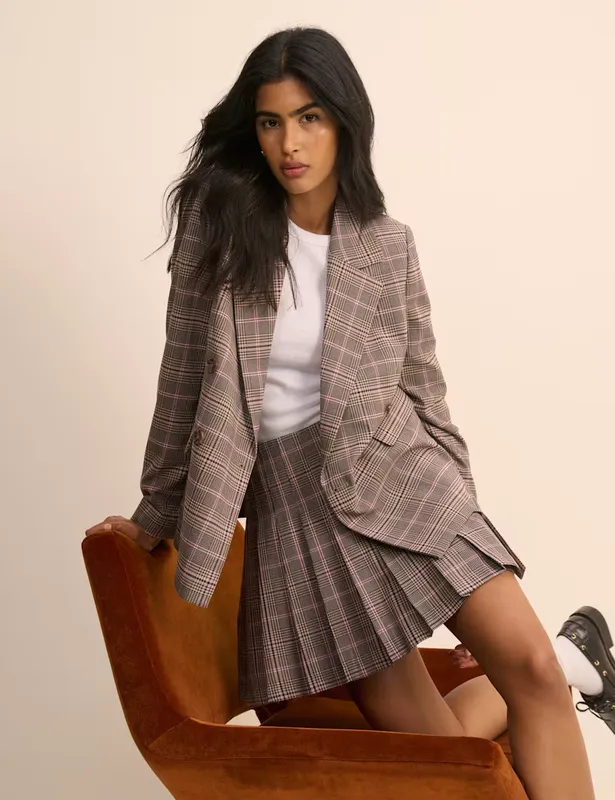 Nobody's Child Relaxed Checked Double Breasted Blazer