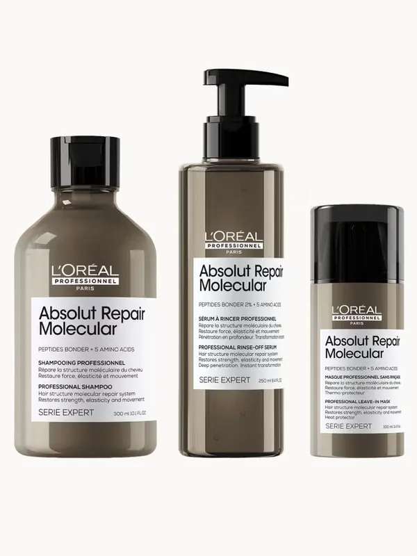 L'Oréal Professionnel Absolut Repair Molecular Shampoo 300ml, Rinse Off Serum Conditioner Treatment 250ml & Leave in Mask 100ml
