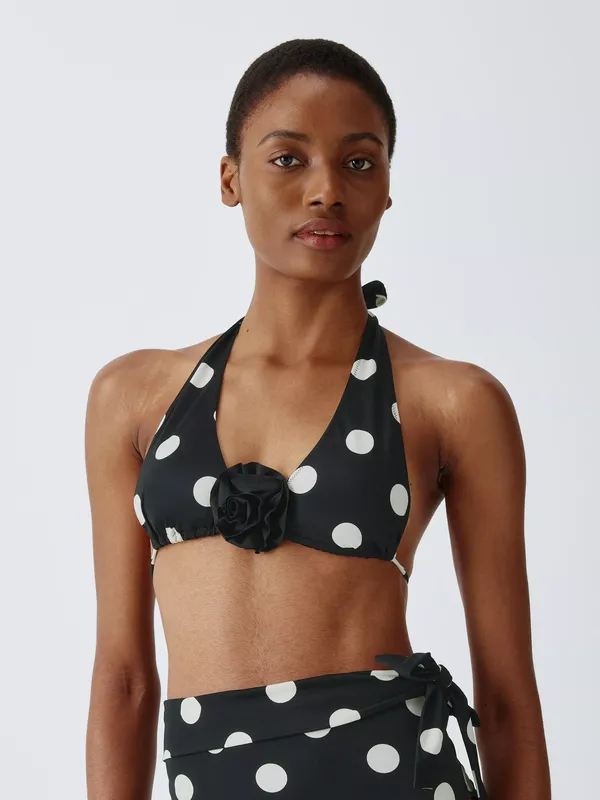 John Lewis Polka Dot Rosette Detail High Apex Bikini Top, Mono Spot