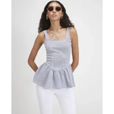 Blue Cotton Blend Stripe Textured Peplum Top