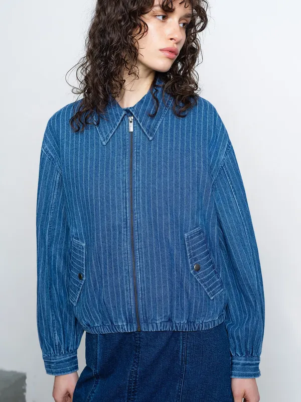 French Connection Cherrie Pinstripe Denim Bomber Jacket, Denim Blue
