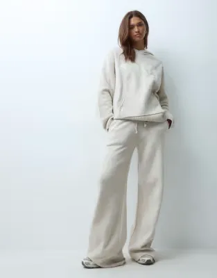 knitted embroidered logo wide leg trouser co-ord in oatmeal