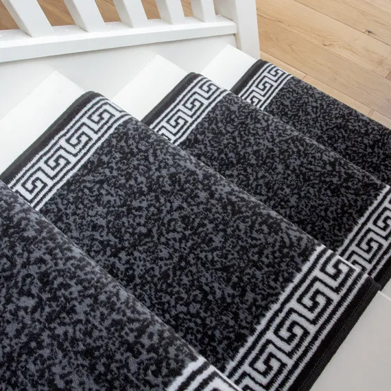 Geometric Bordered Cut To Measure Stair Carpet Runner 70cm Wide - Black / 792cm