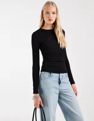 long sleeve overlay wrap top in black
