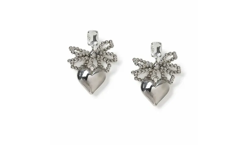 Freedom Silver Gunmental Bow and Heart Drop Earrings