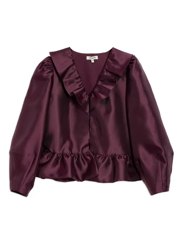 Albaray Ruffle Neck Bubble Hem Jacket, Burgundy