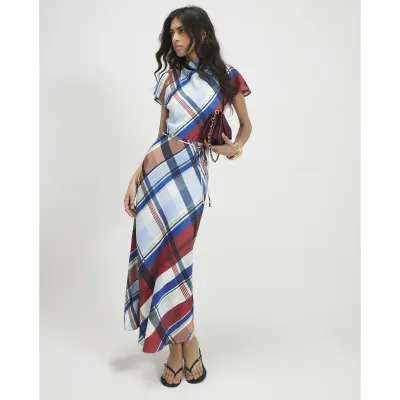Blue Satin Check Print Maxi Dress