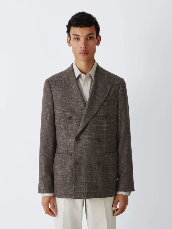 John Lewis J. Lewis Italian Crosshatch Premium Wool Blend Regular Fit Double Breasted Blazer, Brown