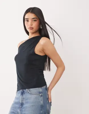 soft touch twist off shoulder top in black - BLACK