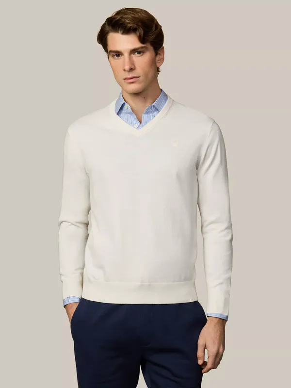Hackett London Cotton V-Neck Jumper, Off White