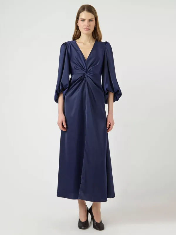 YAS Thea Knot Front Satin Dress, Navy
