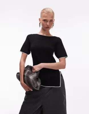 ruched side asymmetric t-shirt in black with white tipping