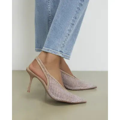 Beige Embellished Slingback Court Heels