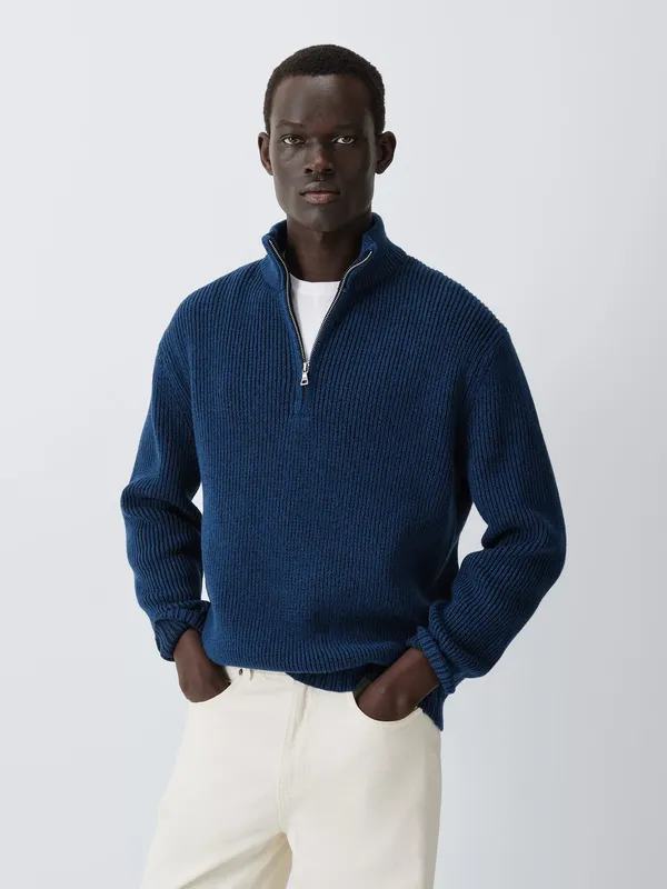John Lewis Plated Waffle Knit Half Zip Jumper, Navy/Blue