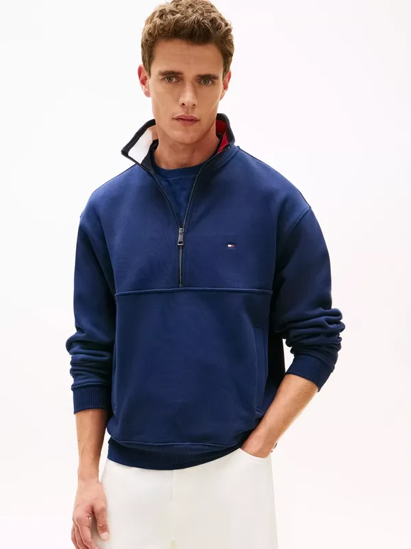 Tommy Hilfiger Colour Block Zip Neck Sweatshirt, Dark Blue