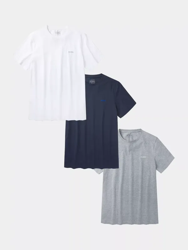 Aubin Durham Crew Neck T-Shirt, Pack of 3, White/Navy/Grey