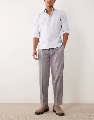 smart pleated oversized tapered trousers in grey twill