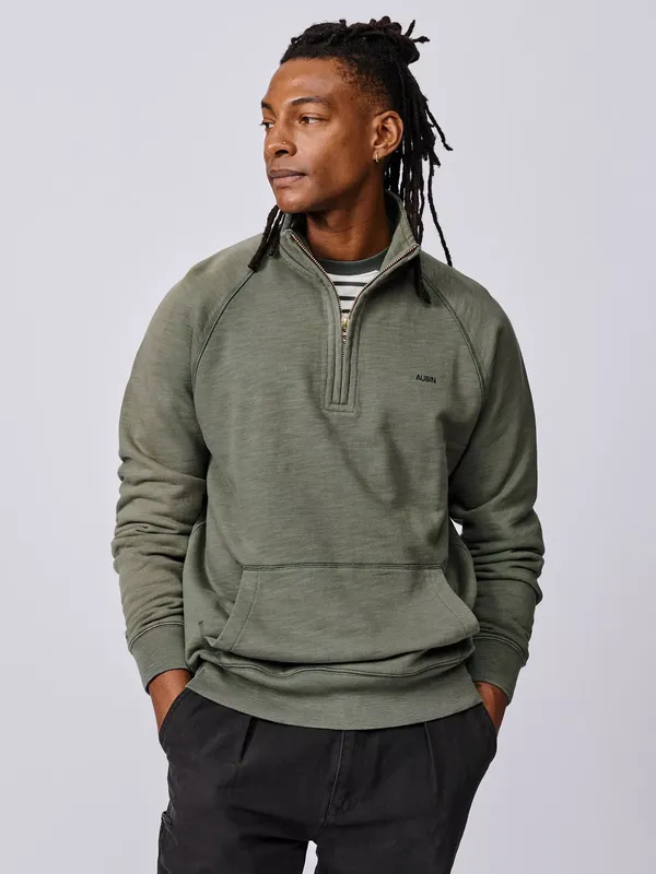 Aubin Castleton Zip Neck Slub Cotton Sweatshirt, Washed Khaki
