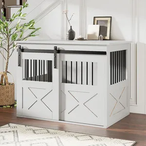Wooden Dog Crate with Lockable Sliding Door - White