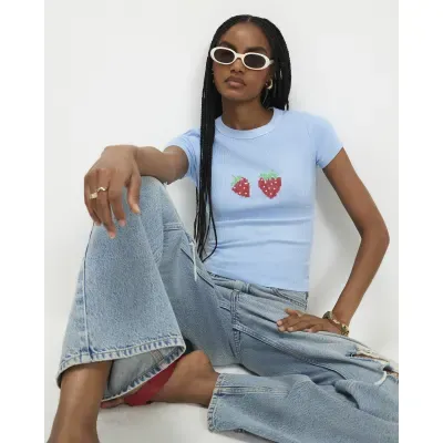 Blue Strawberry Fitted Baby Tee T-Shirt