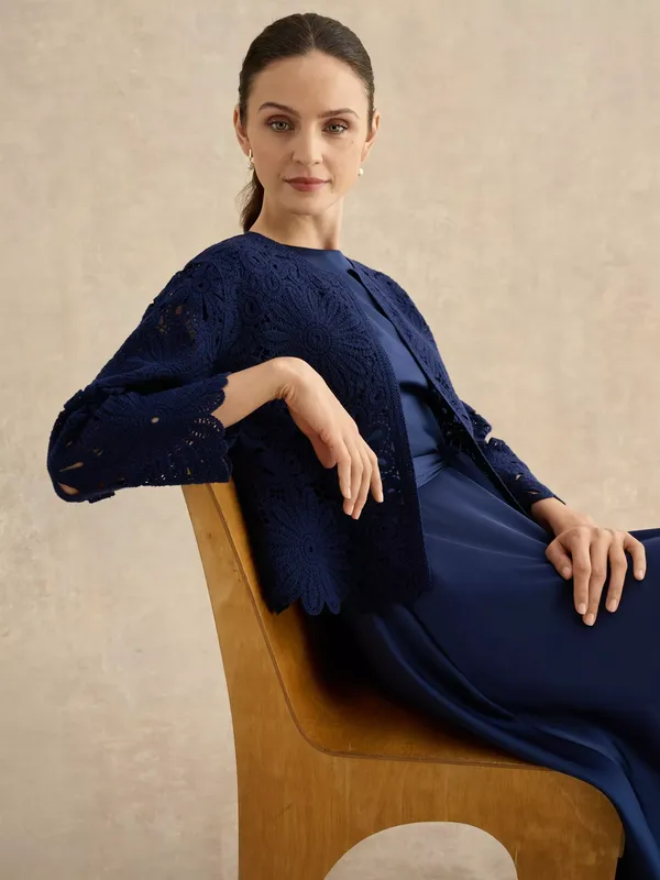 Hobbs Syon Crochet Knit Jacket, Navy