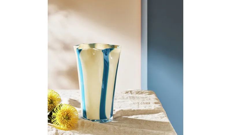Habitat Milk Glass Blue & White Handkerchief Stripe Vase 29cm