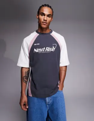 oversized t-shirt with cut and sew panelling and sports graphic in charcoal