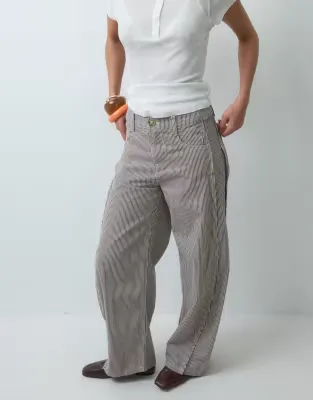 horseshoe trousers with tab waist detail in brown stripe