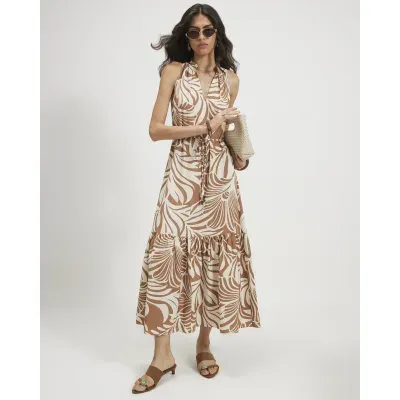 Beige Printed Peplum Hem Maxi Dress