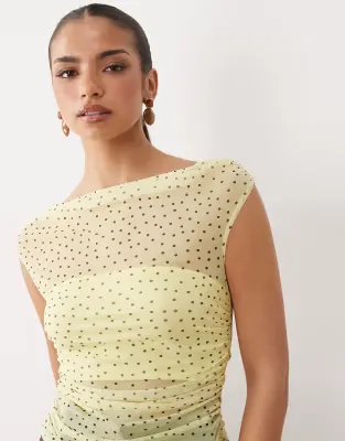mesh gathered short sleeve off shoulder top in yellow and white polka dot