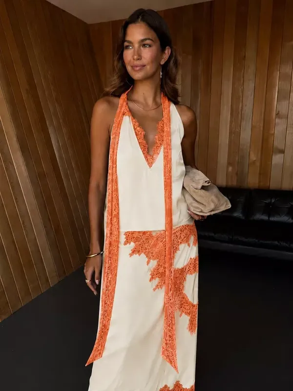 Never Fully Dressed Lily Lace Trim Maxi Skirt, Cream/Orange