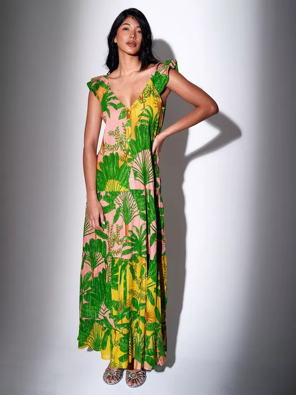 South Beach Metallic Stripe Printed Button Front Tiered Maxi Dress, Multi