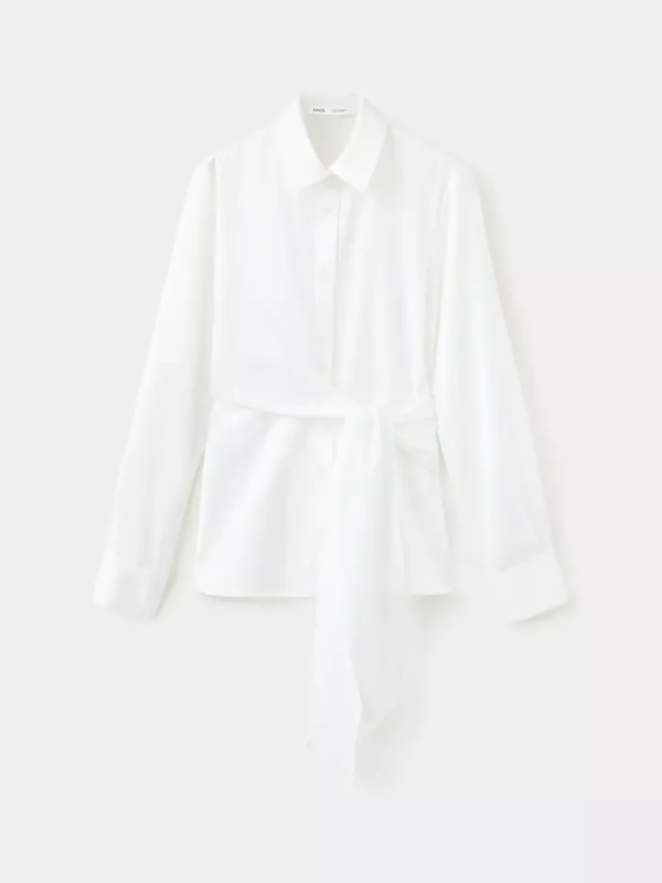 Mango Long Sleeve Tie Waist Collared Shirt, Off White