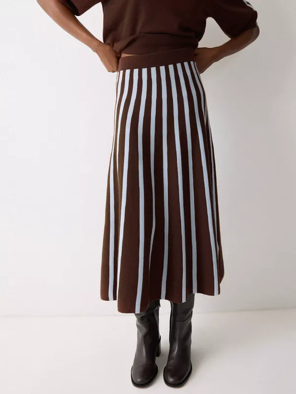 Jigsaw Stripe Flared Pure Wool Skirt, Brown