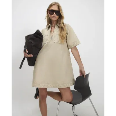 Beige Denim Zip Front Dress