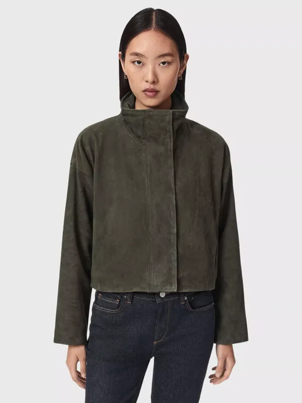 AllSaints Ryder High Neck Suede Jacket, Khaki Green