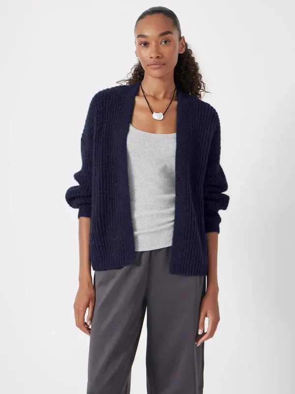 HUSH Waffle Open Neck Wool Rich Cardigan, Dark Navy