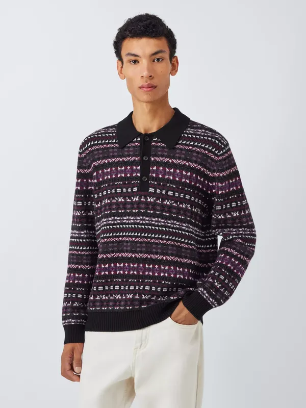 John Lewis Cotton Blend with Cashmere Fair Isle Knit Polo Top, Multi