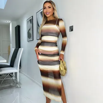 AX Paris Brown Ombre Printed Mesh Overlay Long Sleeve Bodycon Midi Dress