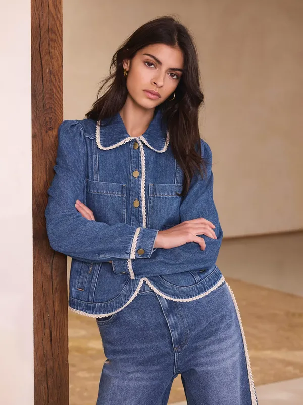 Mint Velvet Crochet Trim Denim Jacket, Blue/Multi