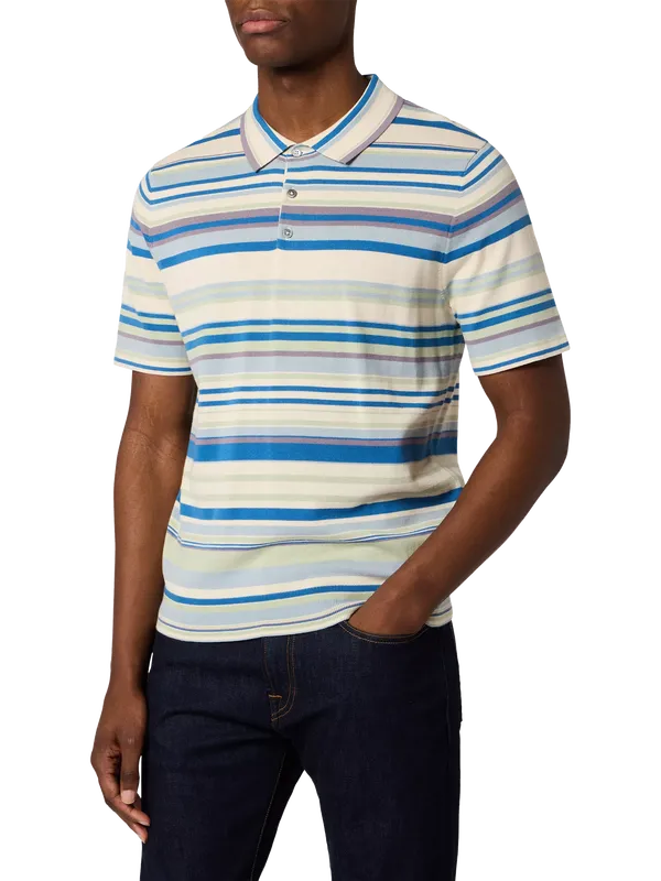 PS Paul Smith Cotton Regular Fit Fine Knit Striped Polo Shirt, Blue/Green