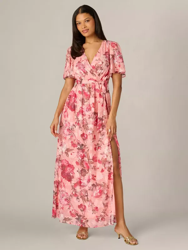 Adrianna Papell Floral Embroidered Wrap Dress, Blush/Multi