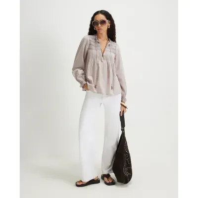 Grey Long Sleeve Lace Yoke Blouse