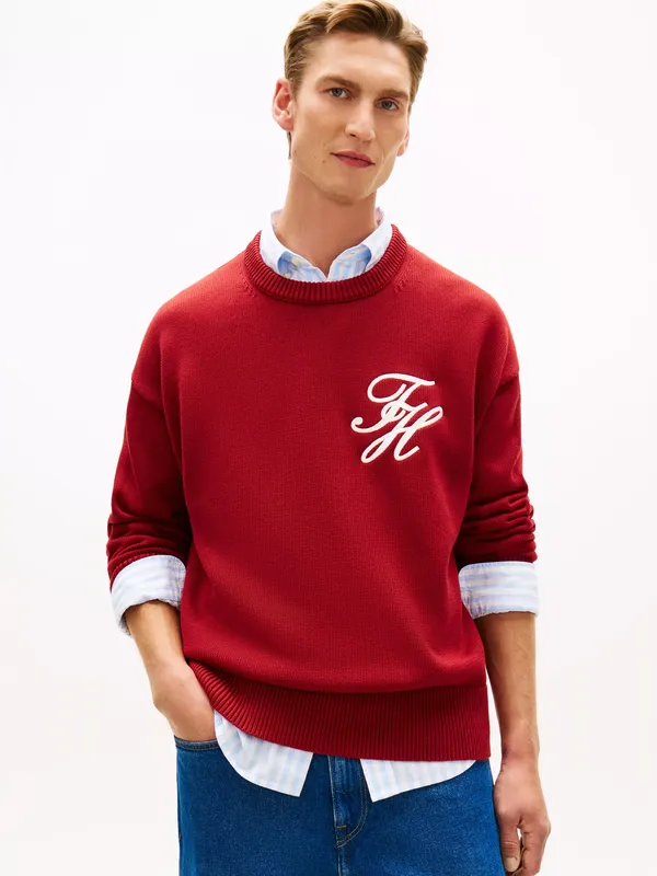 Tommy Hilfiger Logo Embroidery Chunky Crew Neck Jumper, Red Burgundy