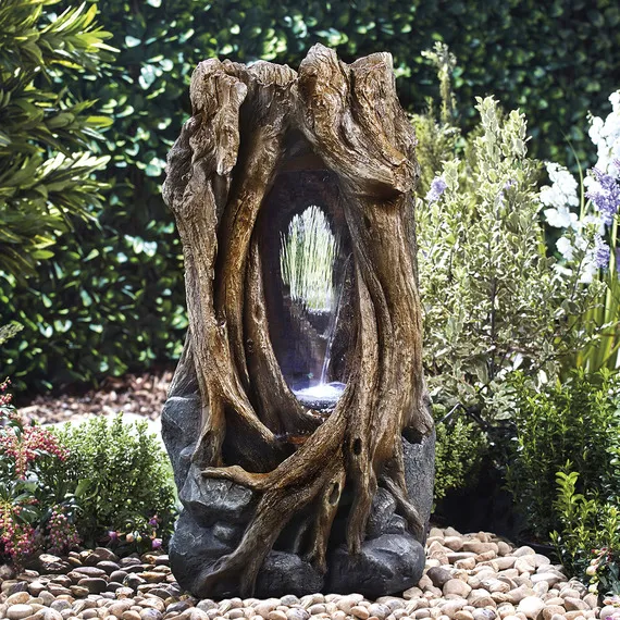 Hollow Tree Trunk Waterfall Water Feature with LED Lighting - Brown