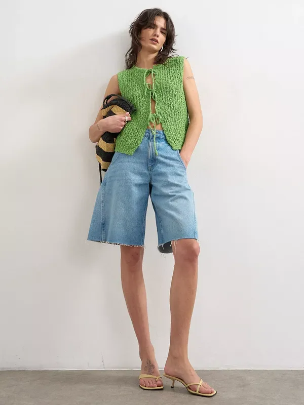 Topshop Textured Knit Tie Front Waistcoat, Green