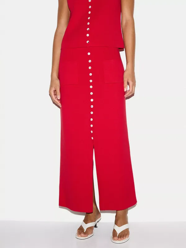 Jigsaw Cotton Button Skirt, Red