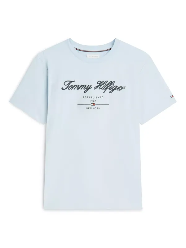 Tommy Hilfiger Script Logo Cotton Crew Neck T-Shirt, Light Blue