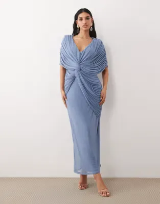 twist plunge cape maxi dress in blue